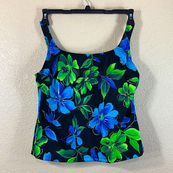 Robbylen Swim Top Tankini Black Blue Floral 12 - Picture 1 of 12